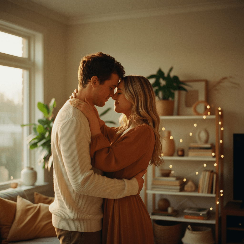Couple slow dancing to their custom wedding song in their living room