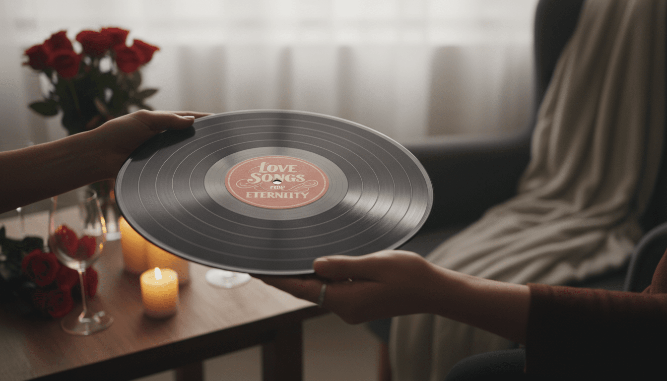 Close-up of hands holding a vinyl record in a romantic, softly lit setting