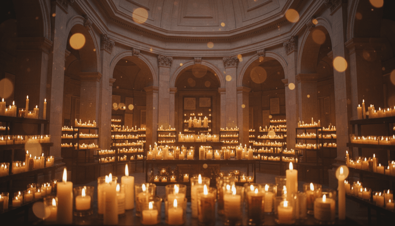 Warm candlelight glowing softly in a dark memorial space