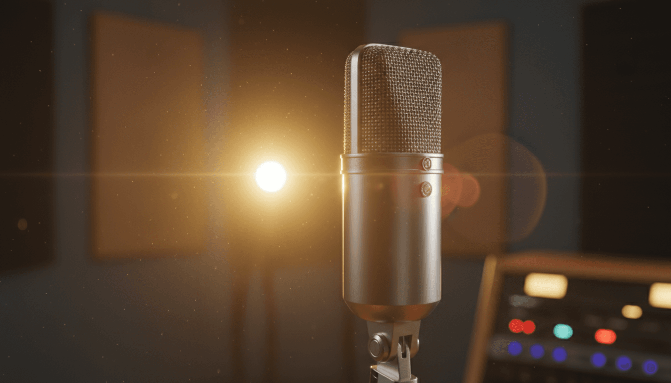 Studio microphone with warm golden lighting in a dark recording studio