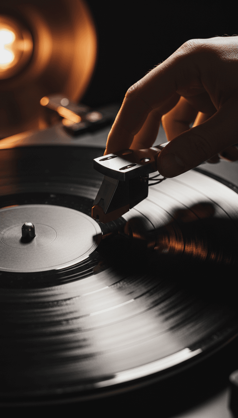 Vinyl record with stylus ready to play
