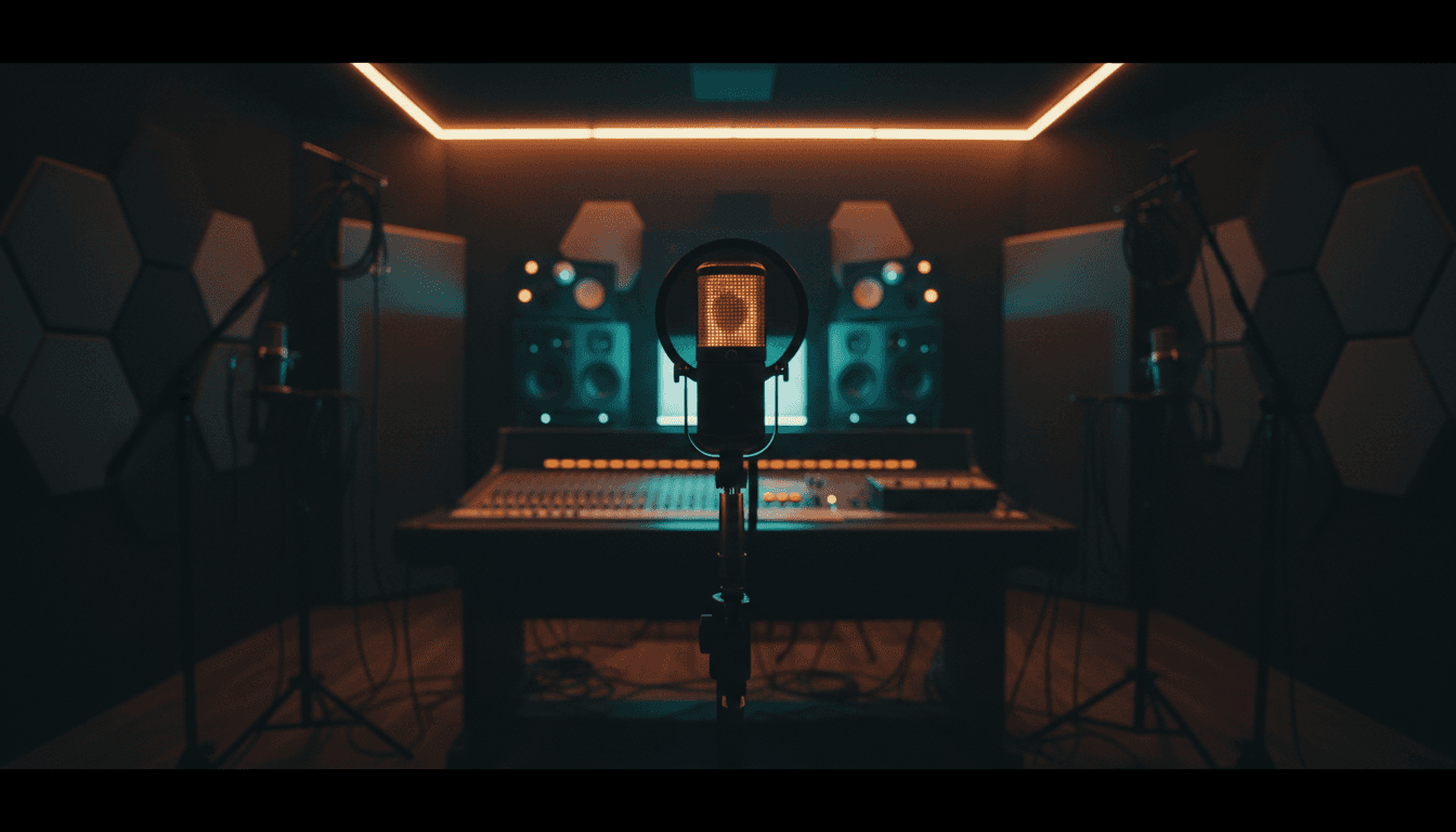 Professional recording studio with microphone in warm ambient light