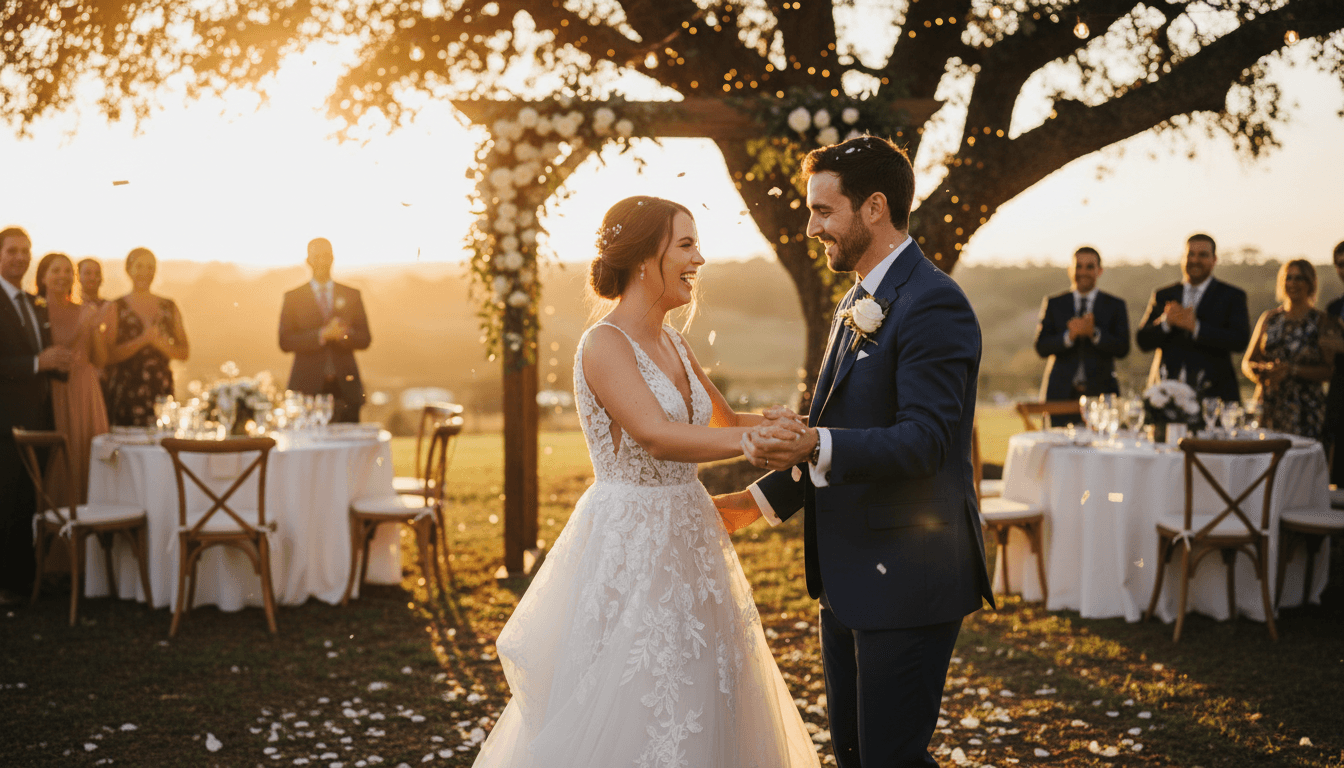 Couple dancing at their wedding reception in warm golden evening light