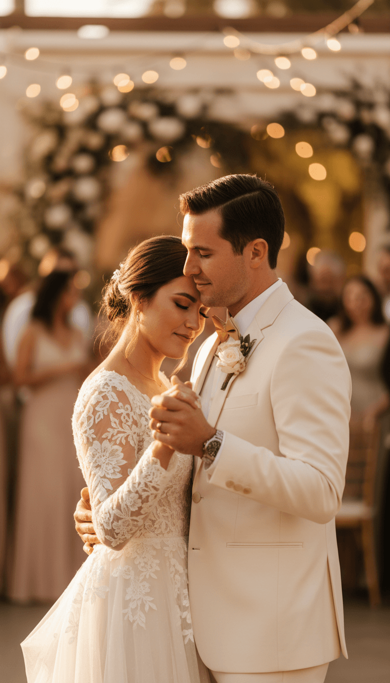 Couple embracing during a wedding celebration