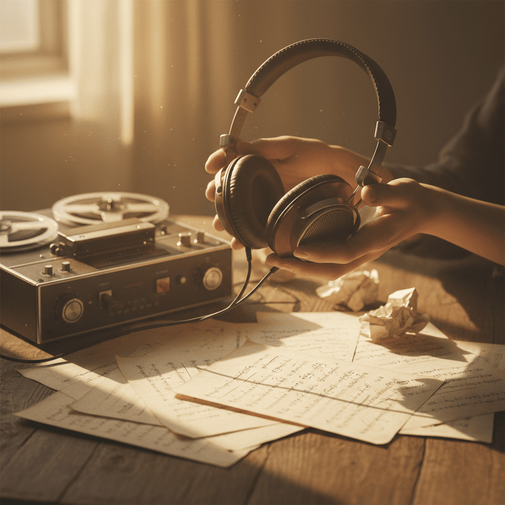 Hands holding headphones over handwritten lyric sheets and recording gear