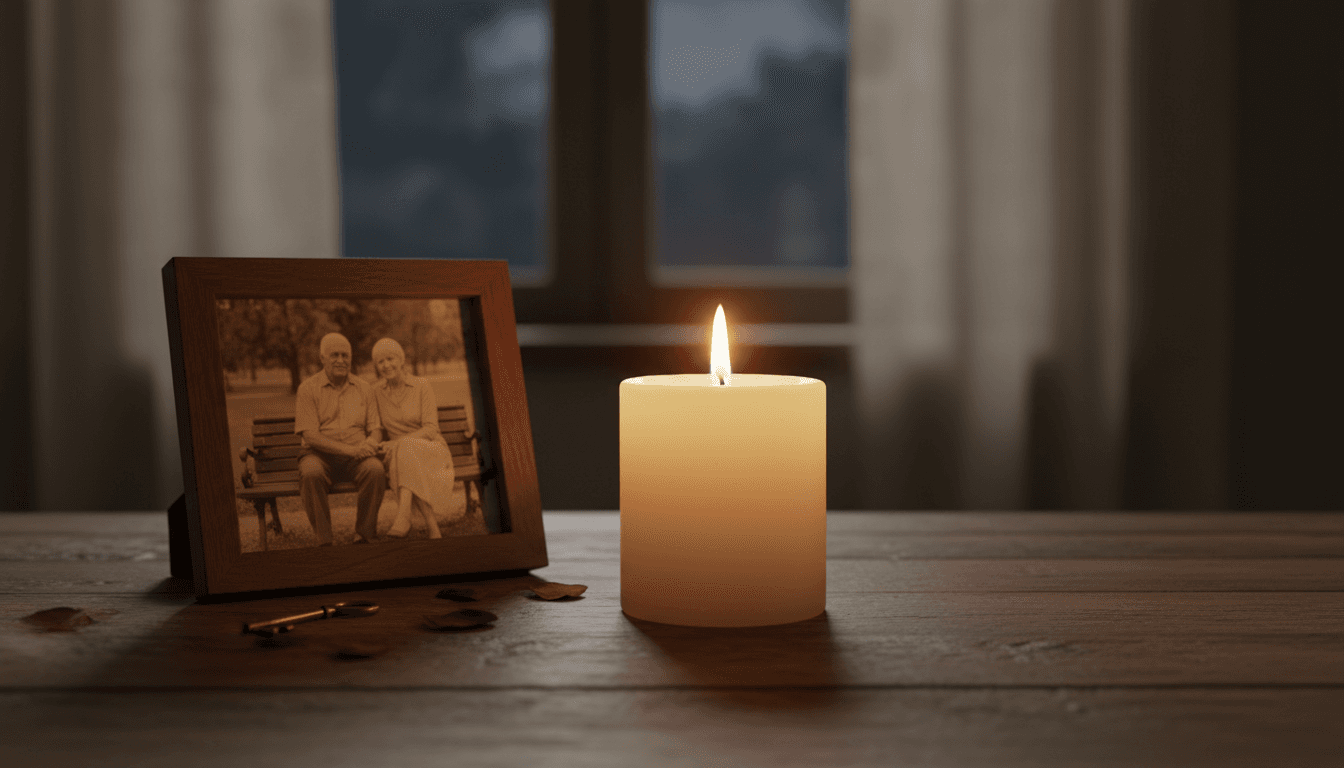 Soft candlelight on a wooden table beside a framed photograph