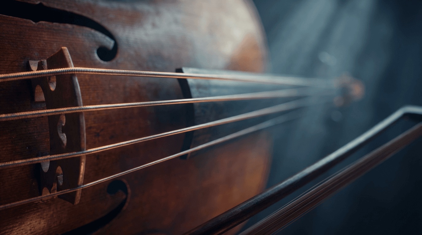 Close-up of violin strings with professional studio rim lighting and blurred instrument background.