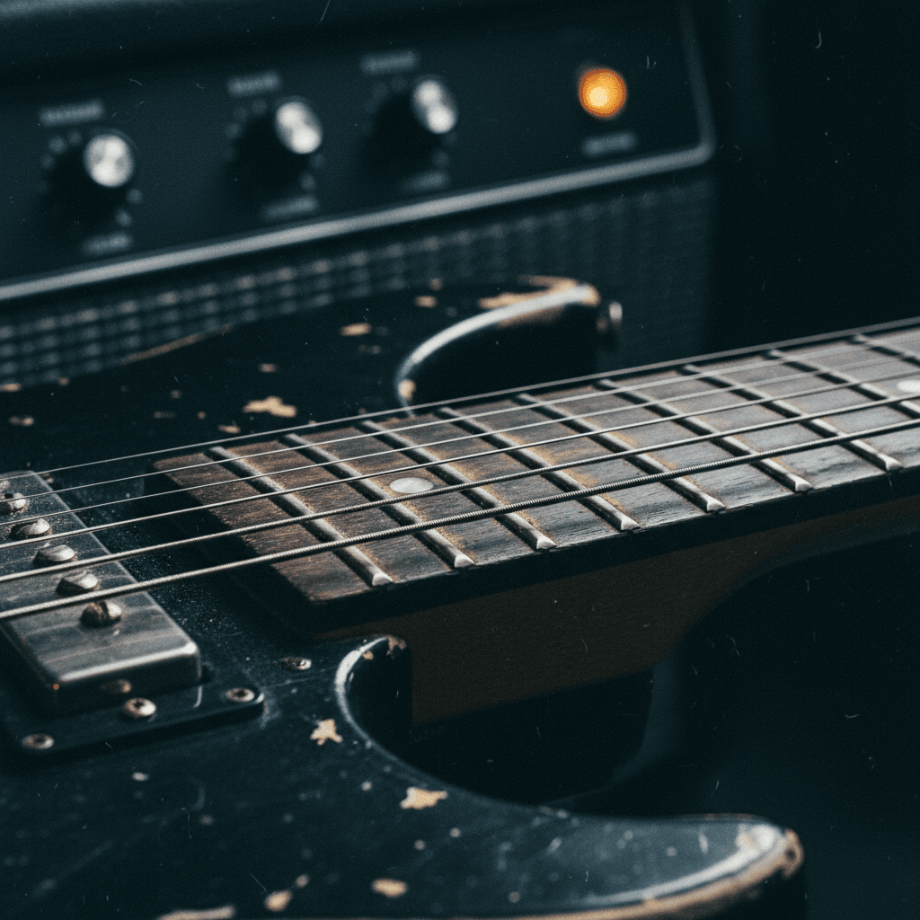 Extreme close-up of electric guitar strings, fretboard, and worn hardware with studio lighting