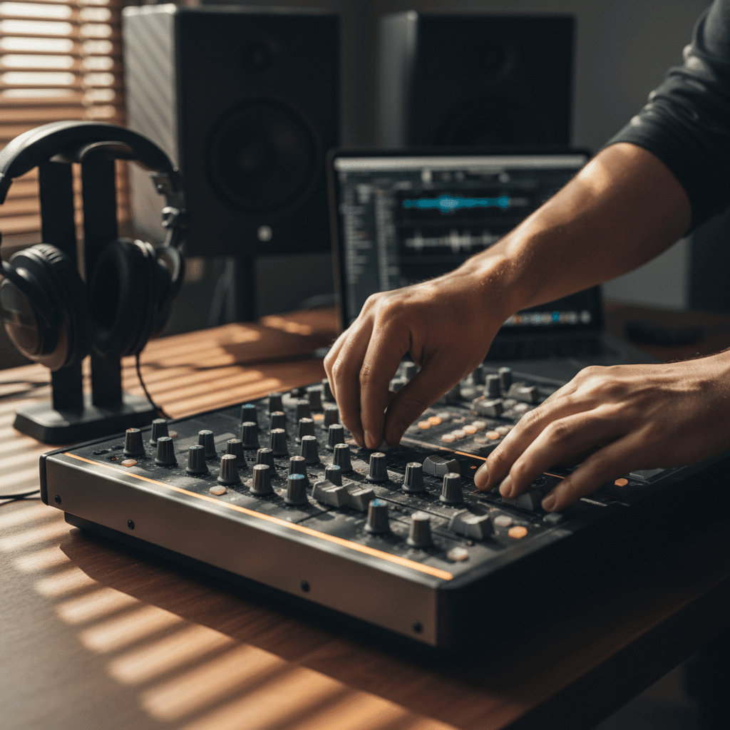 Professional music producer at mixing console in modern recording studio