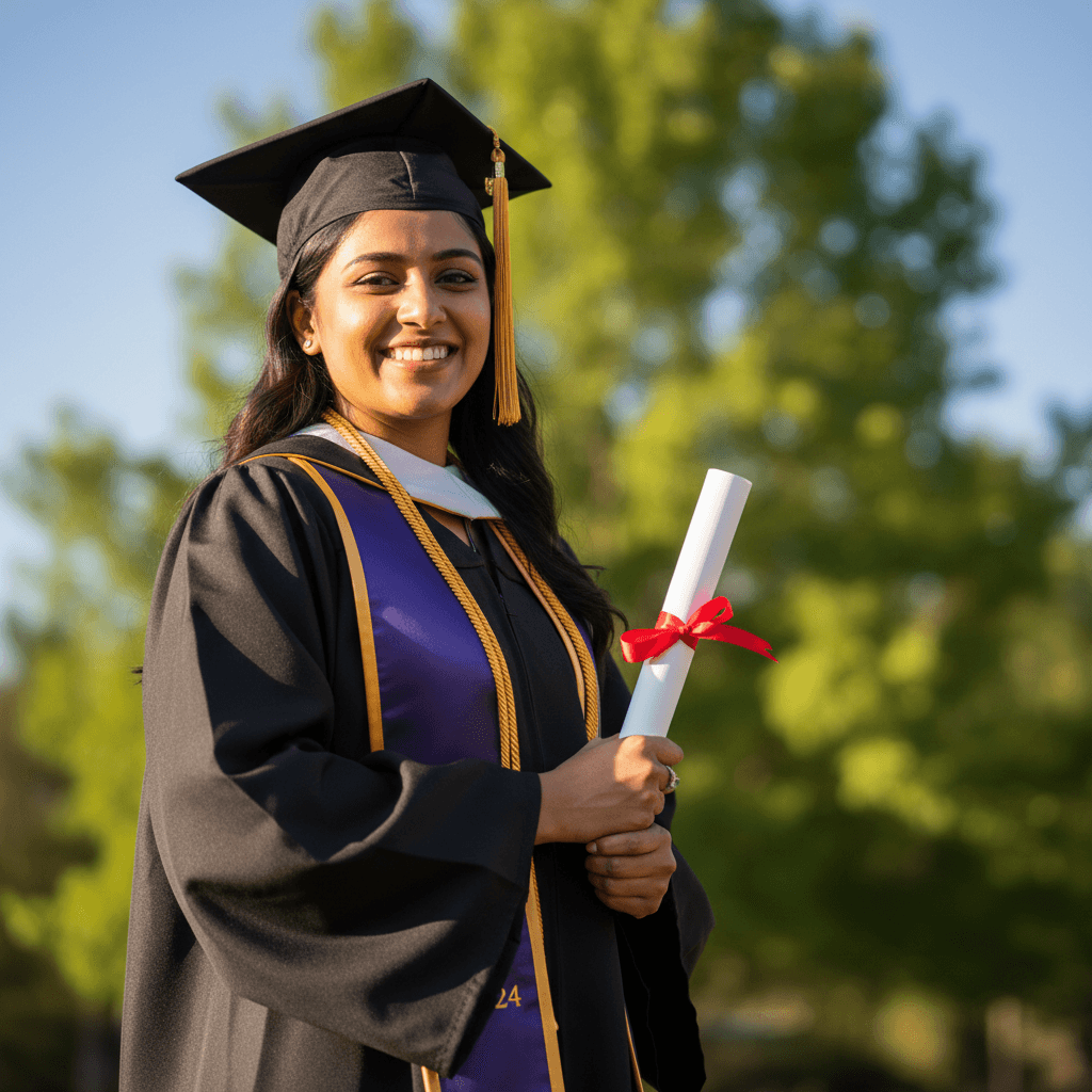 Confident graduate in cap and gown smiling outdoors with blue sky and greenery background