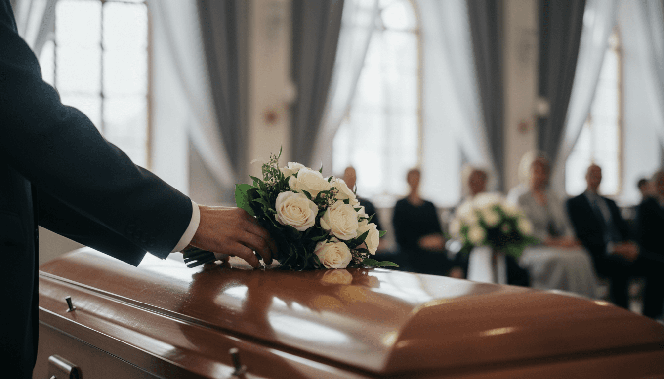 Hands gently placing flowers on casket during respectful memorial service ceremony in soft natural light.