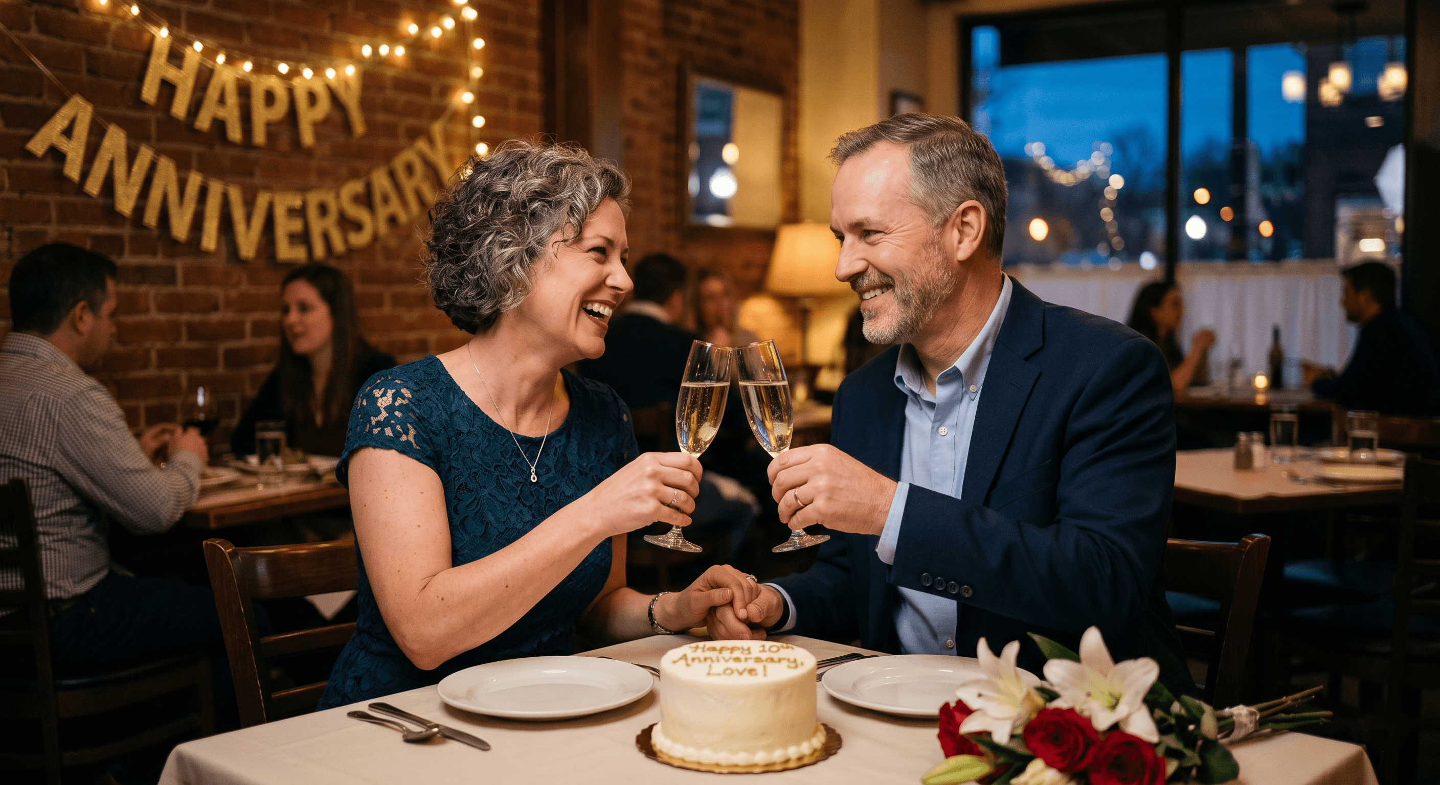Smiling couple toasts with champagne over a 10th-anniversary cake in a cozy restaurant.