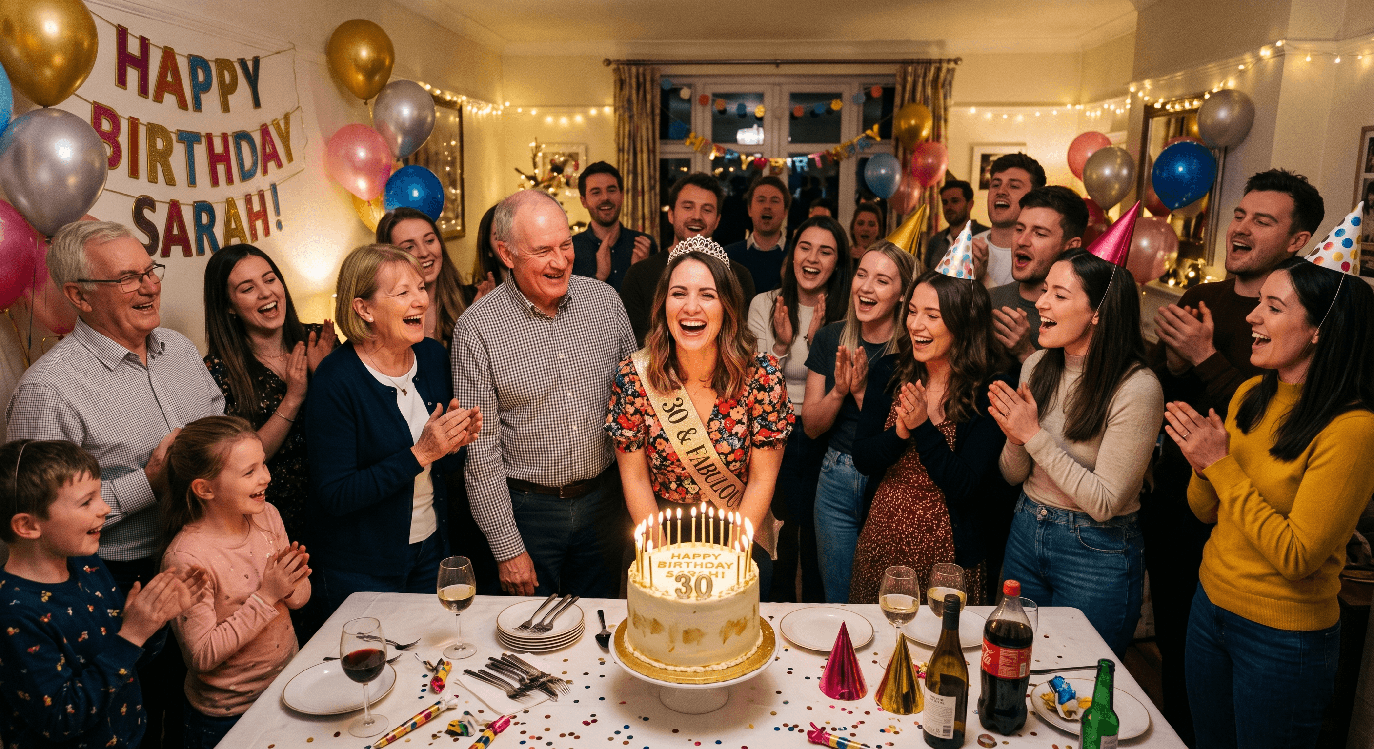 A woman laughs while celebrating her 30th birthday surrounded by cheering friends and family.