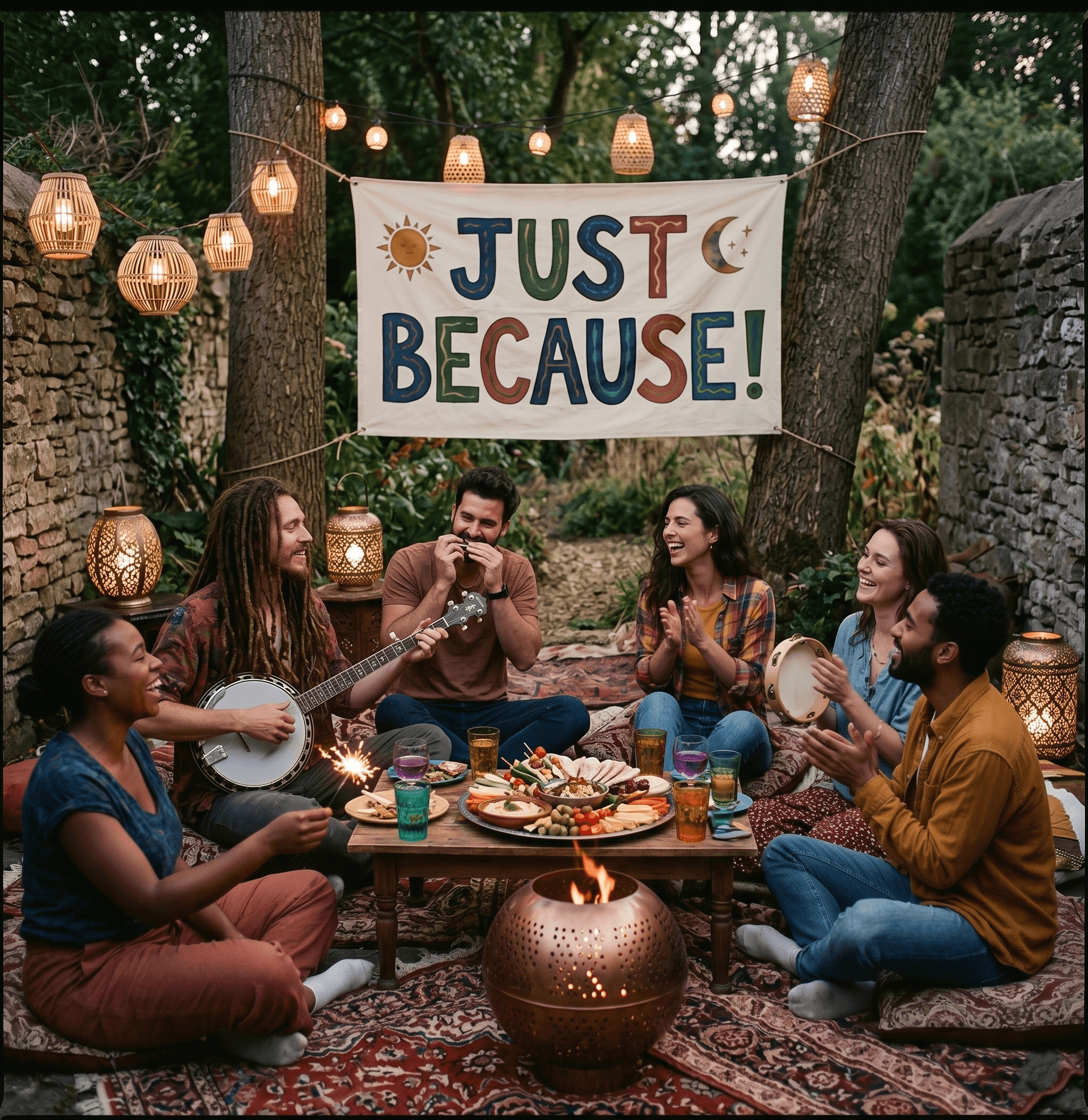 Friends celebrate outdoors with music and food under a colorful 'JUST BECAUSE!' banner.