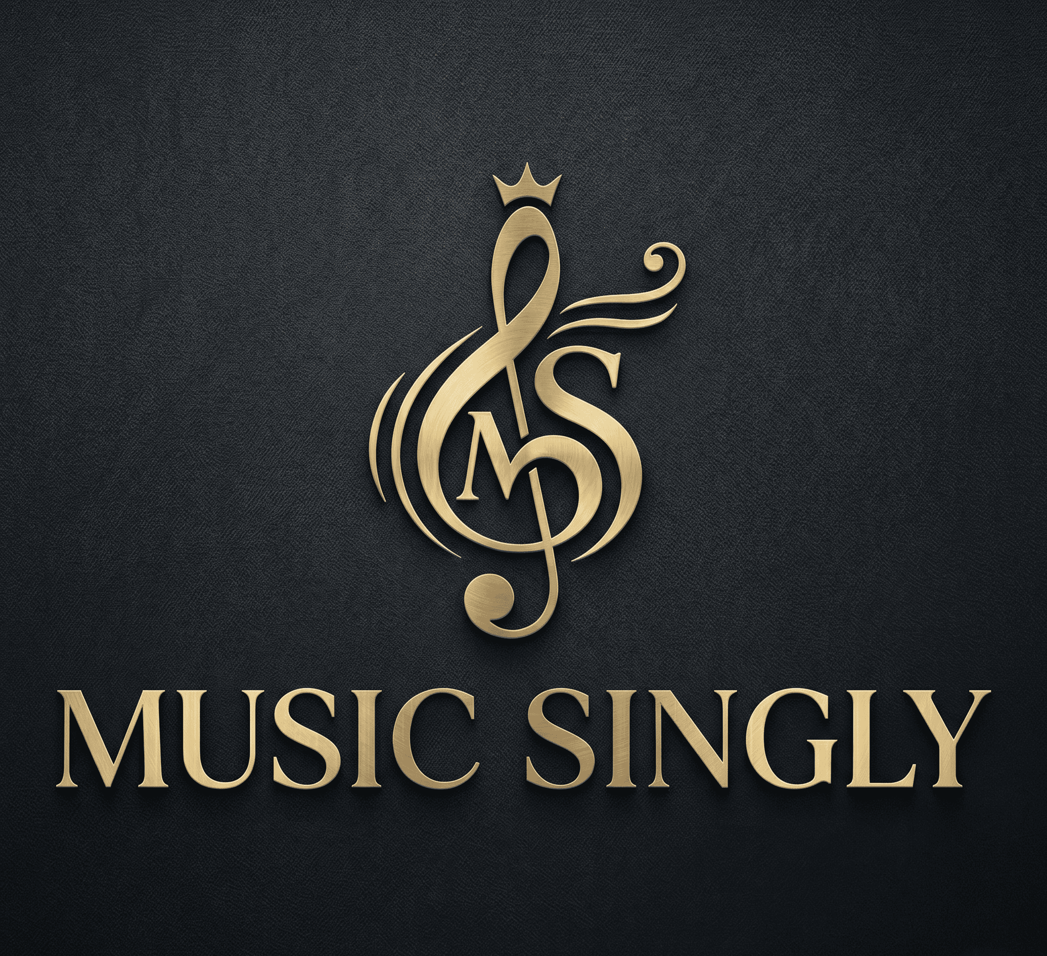 Elegant gold treble clef logo with crown and letters MS above text MUSIC SINGLY.