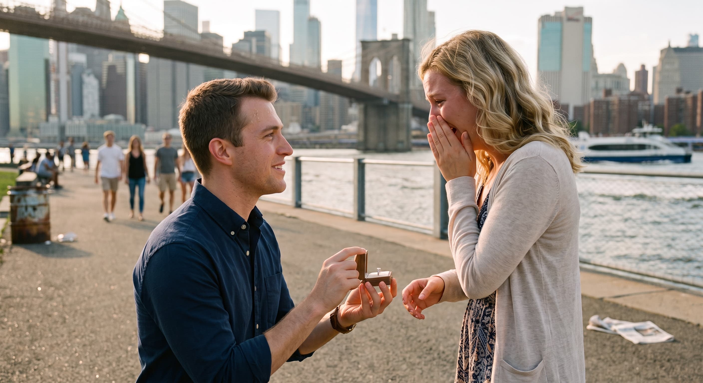 Man proposes to a surprised woman with an engagement ring near the Brooklyn Bridge.