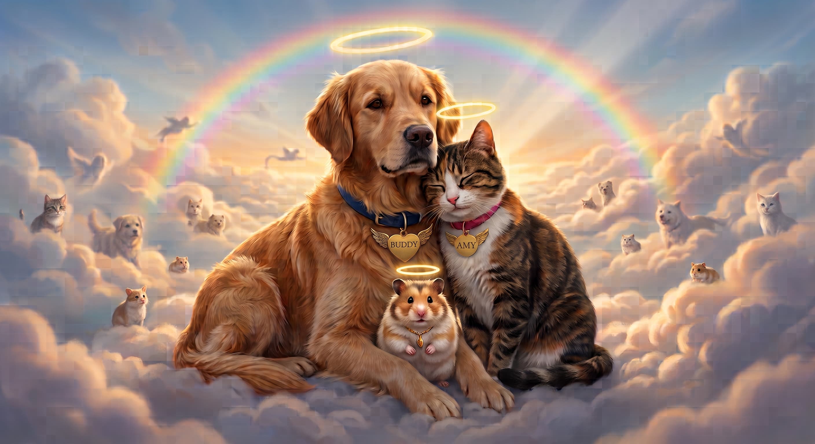 Golden retriever, tabby cat, and hamster with halos resting on clouds under a heavenly rainbow.