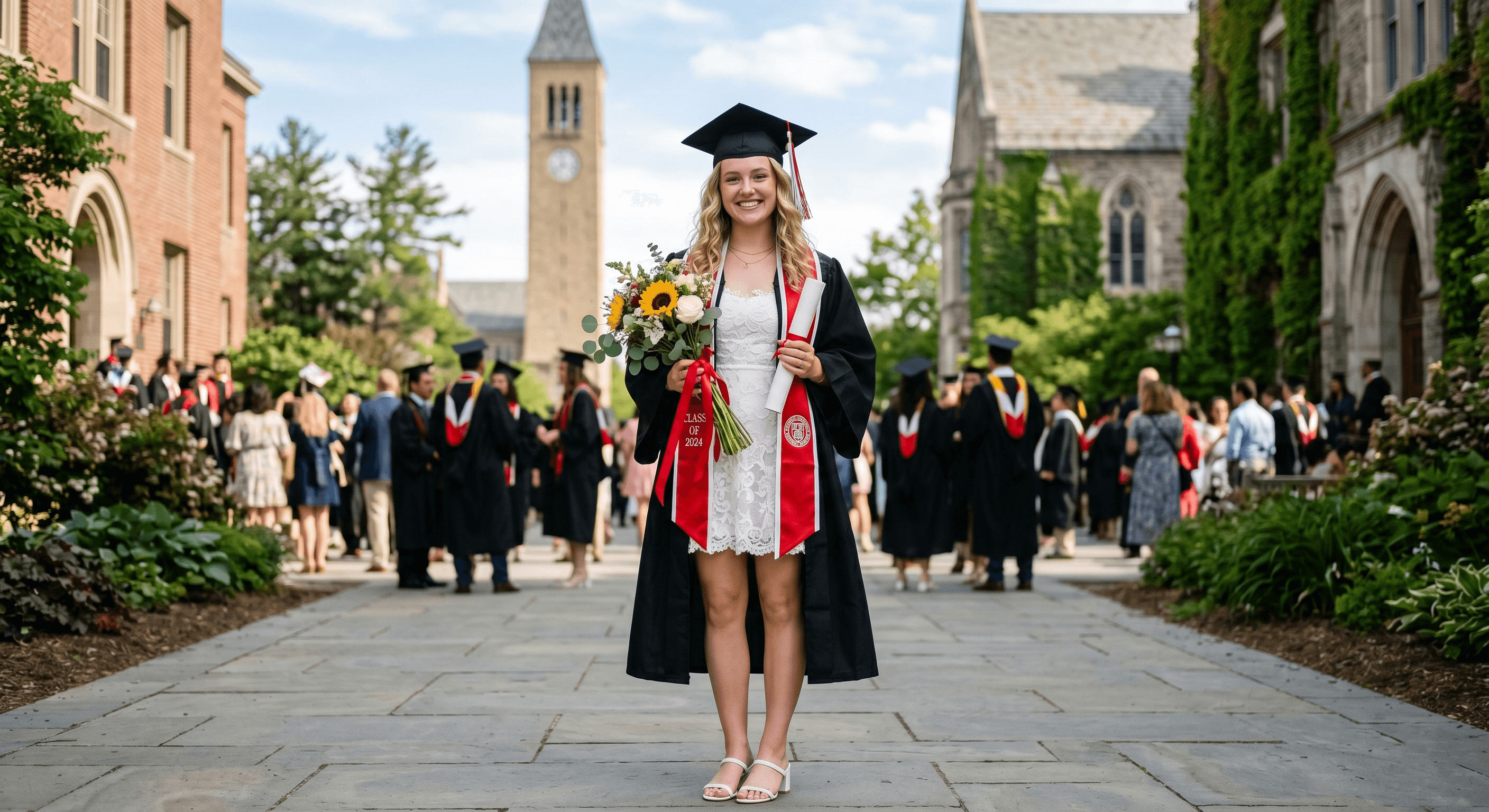 Smiling graduate in a black gown and red stole holds flowers and a diploma on campus.
