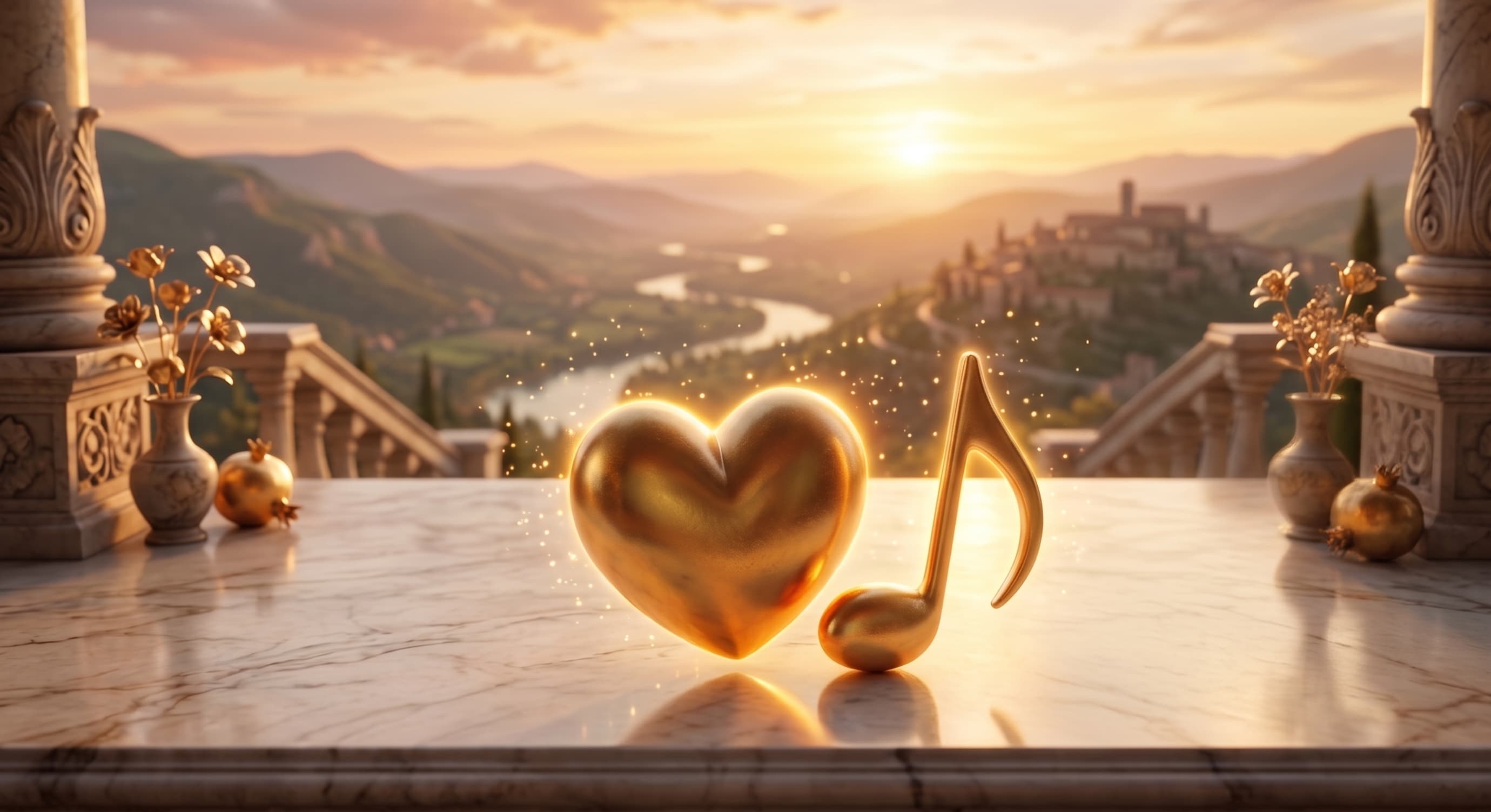 Glowing golden heart and musical note on a marble balcony overlooking a scenic sunset valley.