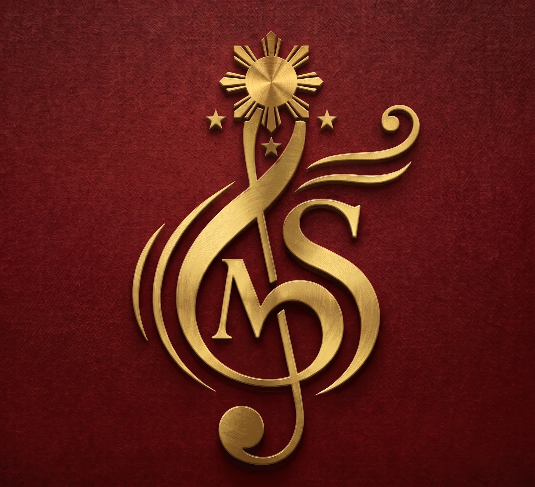 Golden treble clef logo with letters M and S, Philippine sun and stars on red.
