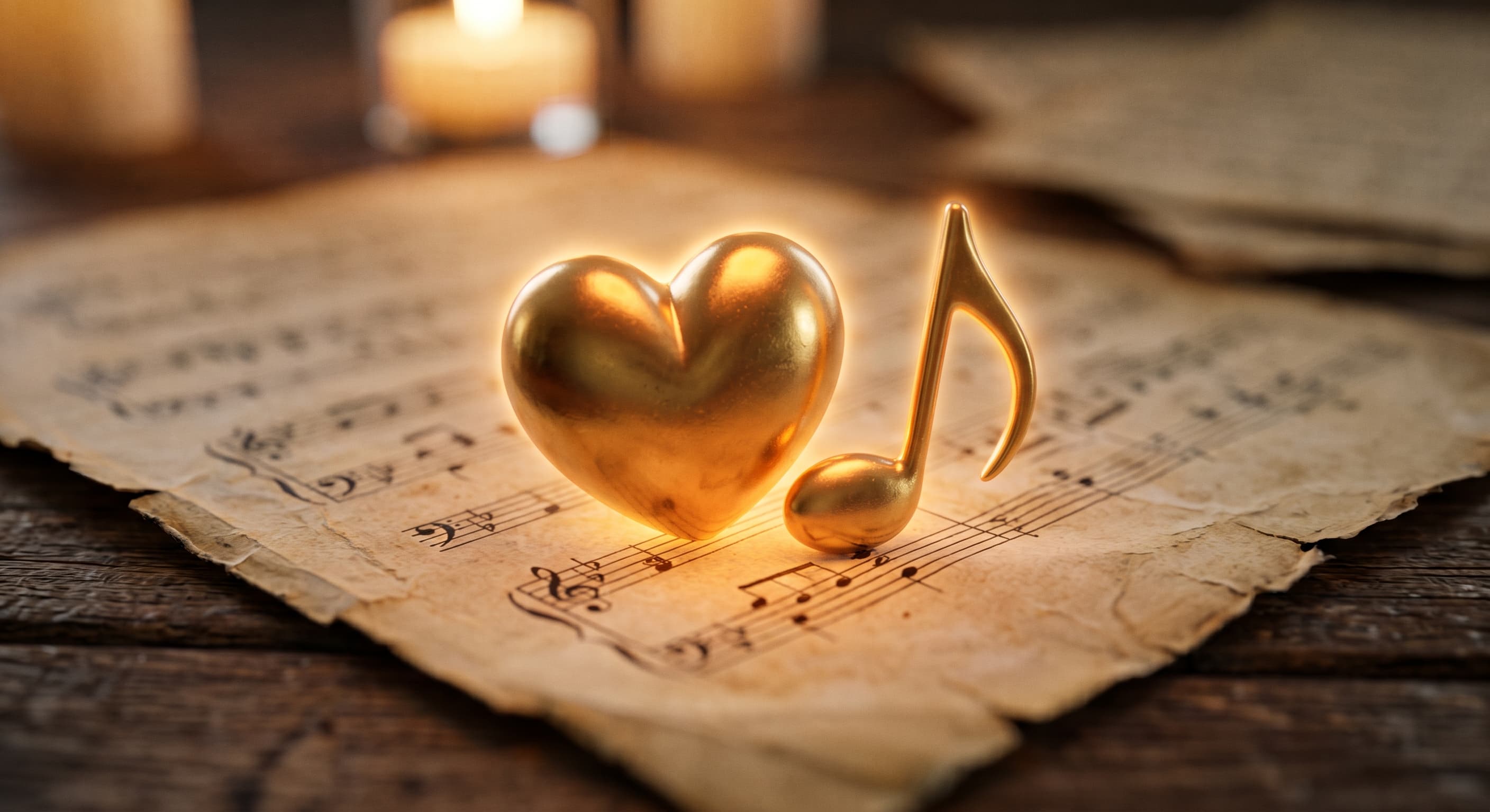 Glowing golden heart and musical note resting on vintage sheet music under warm candlelight.