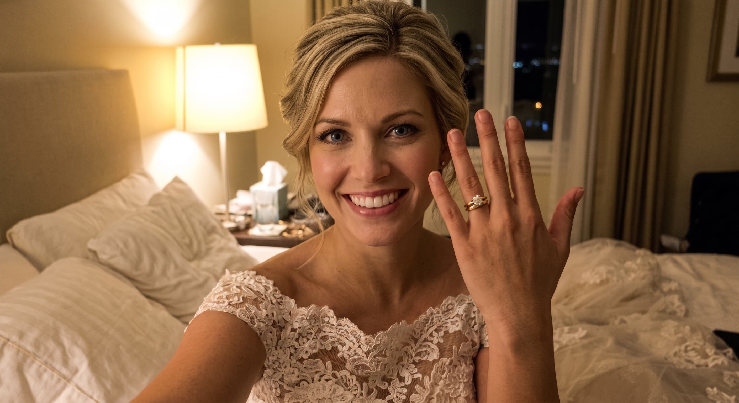 Smiling bride in a lace dress shows her diamond engagement ring in a cozy bedroom.