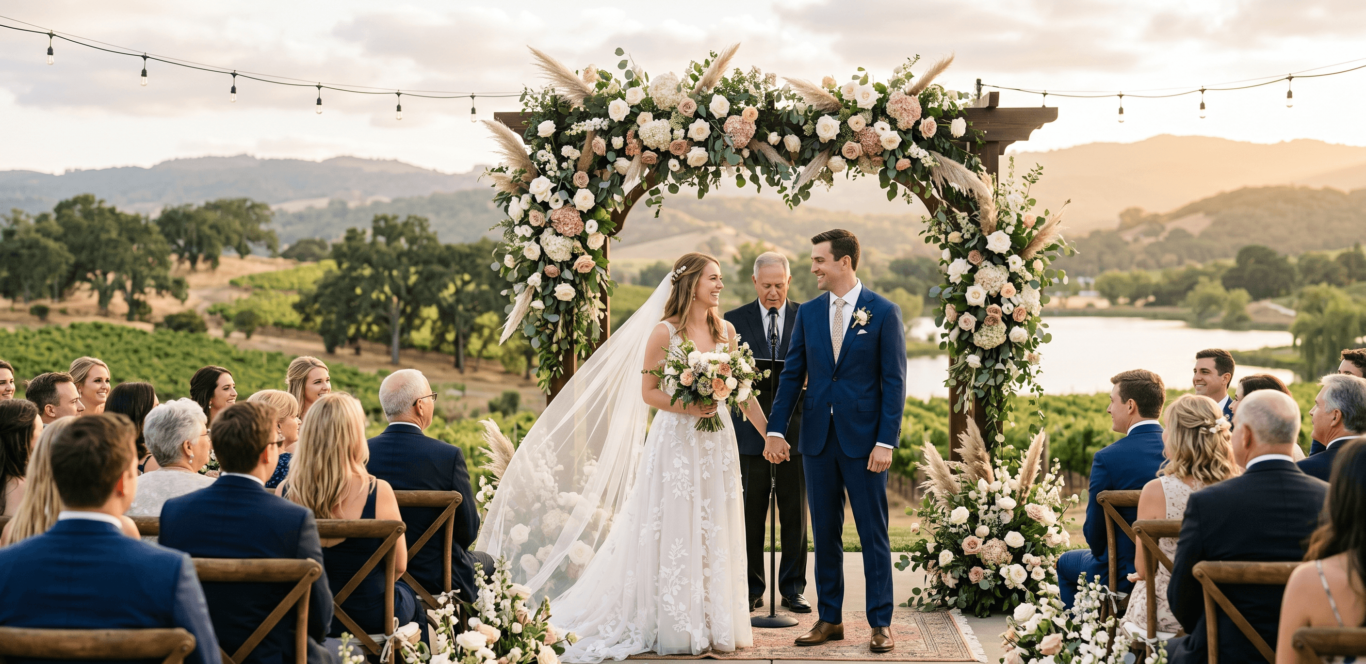 Bride and groom holding hands under a floral arch at a scenic outdoor vineyard wedding.